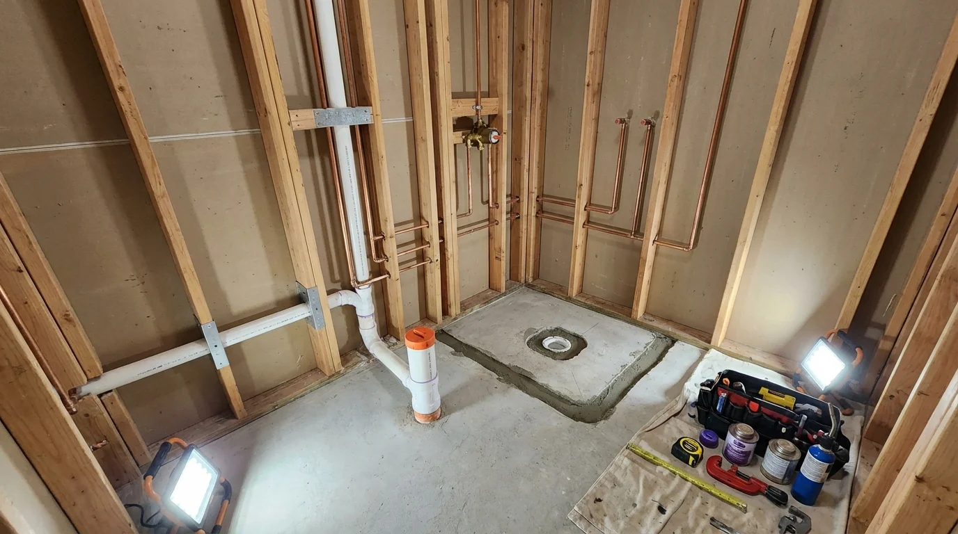 Bathroom rough-in plumbing during remodel by Johns Plumbing LLC in Macedonia