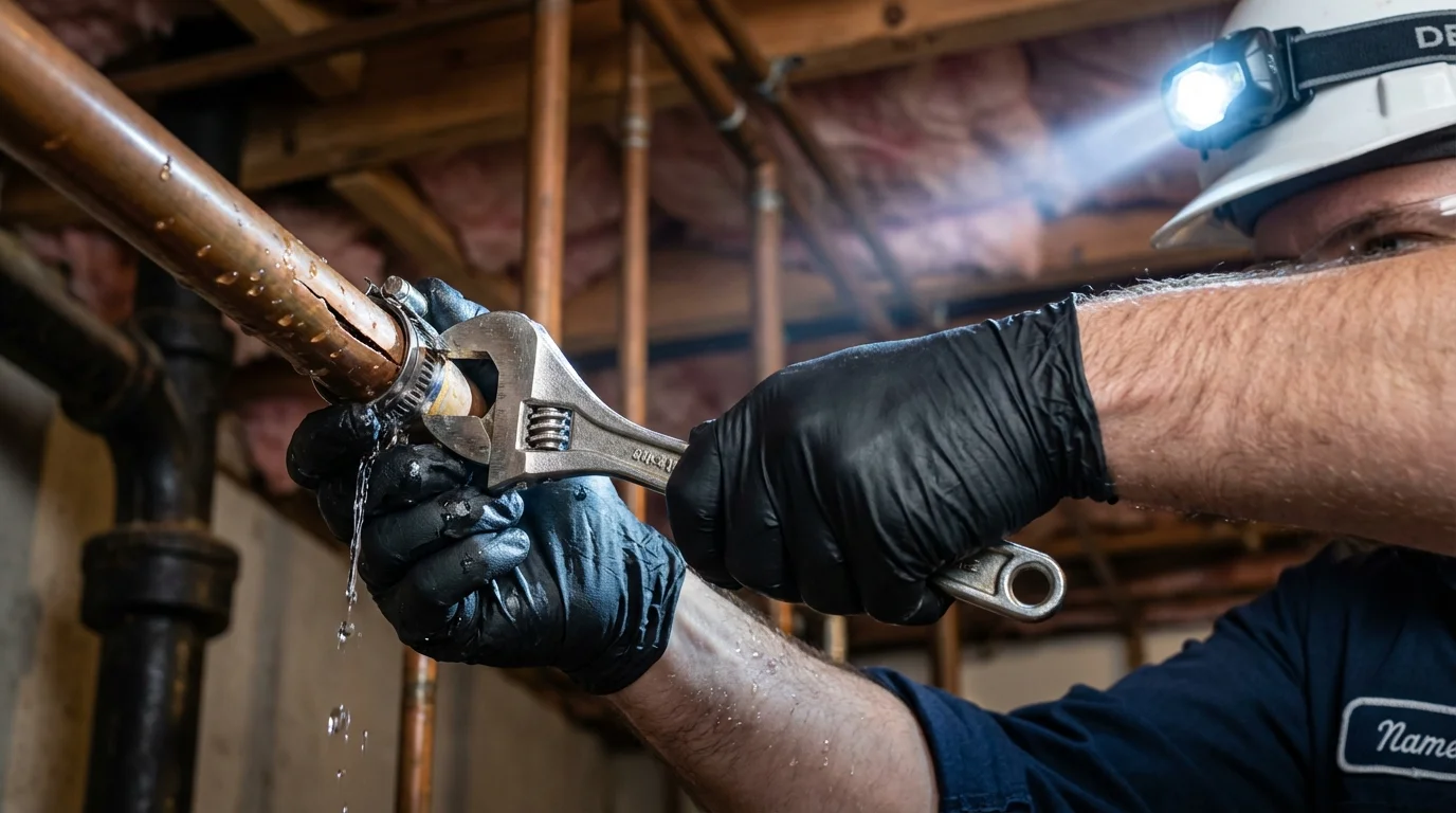 Emergency pipe clamp repair being performed by a Johns Plumbing LLC plumber in Macedonia