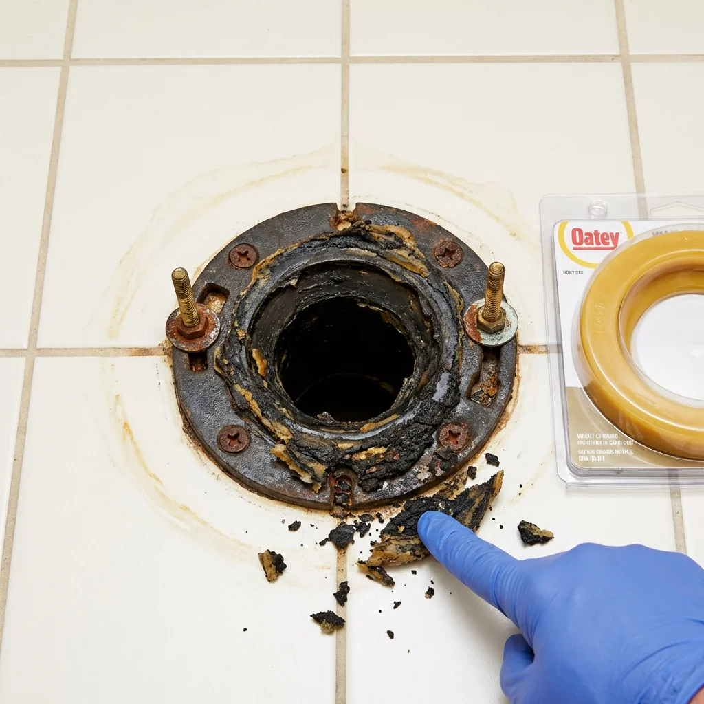 Failed wax ring showing water seepage at the base of a toilet in a Macedonia, OH home