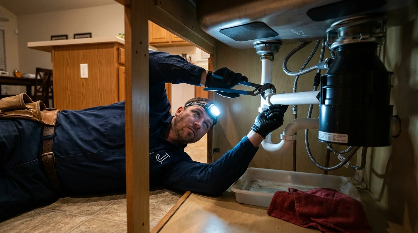 P-trap and supply line connections under a kitchen sink showing a common leak point in Macedonia, OH